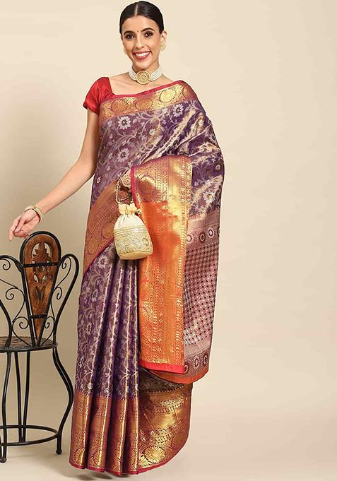 Purple Zari Work Brocade Soft Silk Saree With Blouse