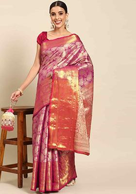 Pink Brocade Soft Silk Zari Saree With Blouse