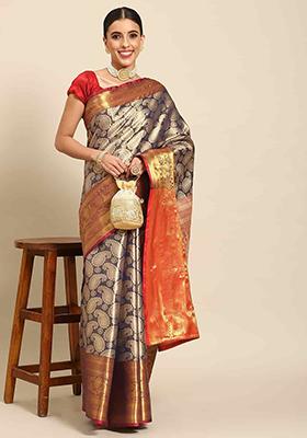 Navy Blue Brocade Soft Silk Zari Saree With Blouse