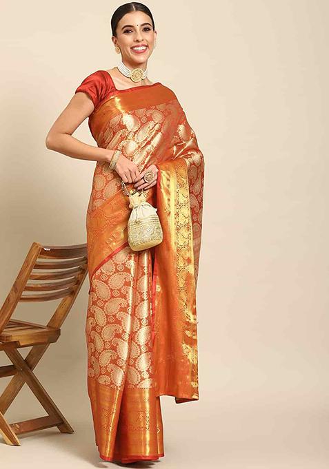 Yellow Brocade Soft Silk Zari Woven Saree With Blouse