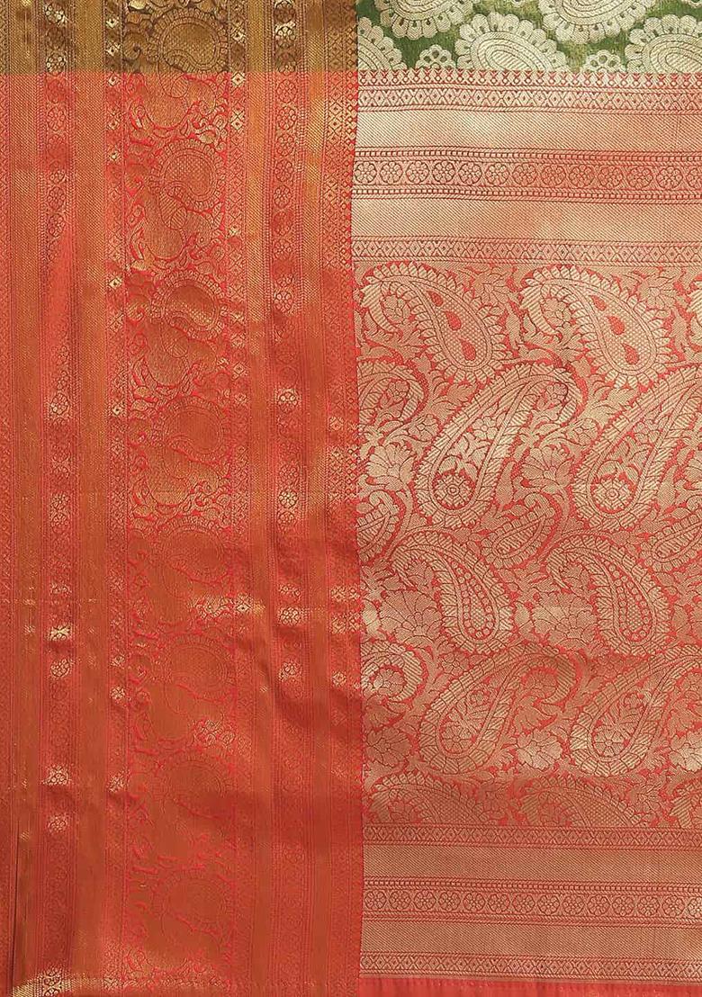 Green Zari Brocade Soft Silk Saree With Blouse - Indya