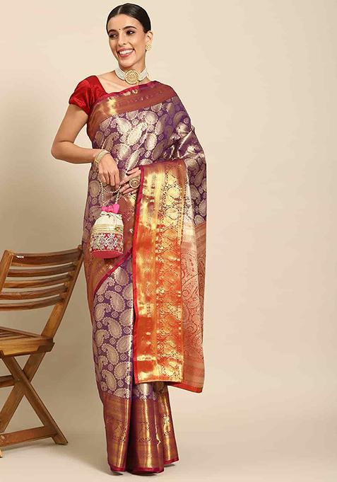 Purple Brocade Soft Silk Zari Woven Saree With Blouse