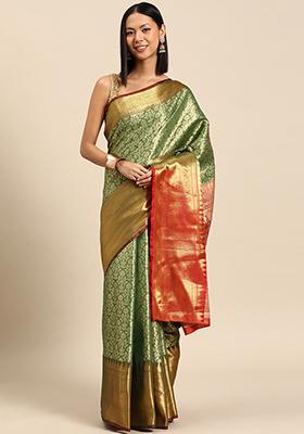 Green Floral Zari Art Silk Saree With Blouse