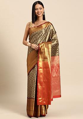 Black Floral Zari Art Silk Saree With Blouse