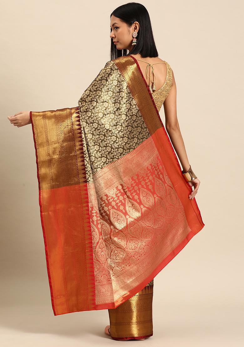 Black Floral Zari Art Silk Saree With Blouse - Indya