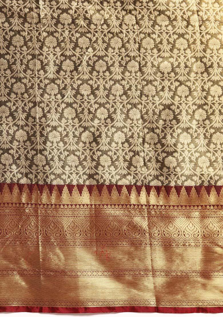 Black Floral Zari Art Silk Saree With Blouse - Indya