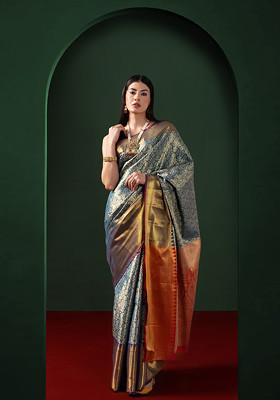 Teal Floral Zari Art Silk Saree With Blouse