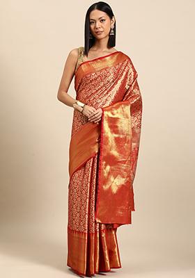 Red Floral Zari Art Silk Saree With Blouse