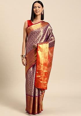 Purple Floral Zari Art Silk Saree With Blouse