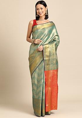 Teal Brocade Heavy Zari Saree With Blouse