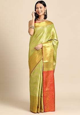 Parrot Green Brocade Heavy Zari Saree With Blouse