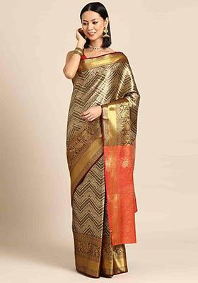 Black Brocade Heavy Zari Saree With Blouse