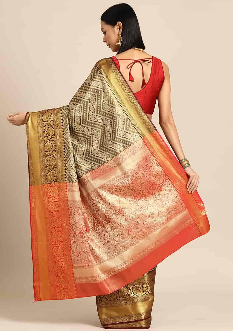 Black Brocade Heavy Zari Saree With Blouse - Indya