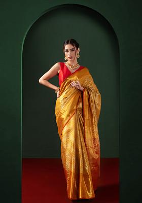 Yellow Brocade Heavy Zari Saree With Blouse