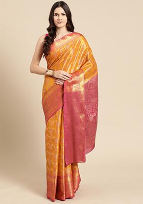 Mustard Floral Banarasi Silk Saree With Blouse