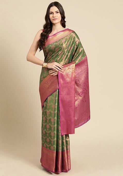 Green Floral Banarasi Silk Saree With Blouse