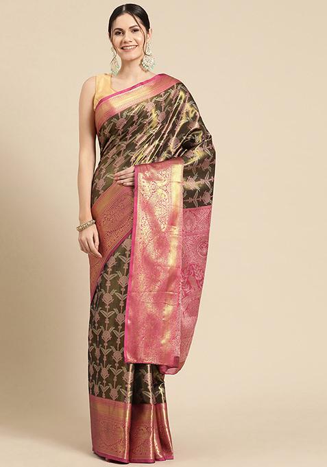 Black Floral Banarasi Silk Saree With Blouse