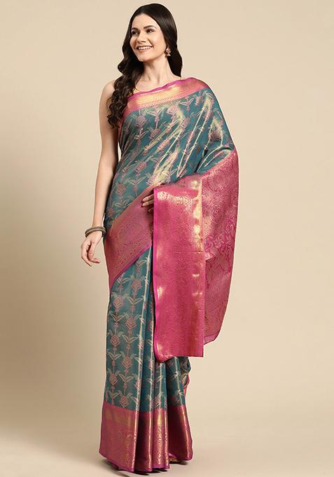 Teal Floral Banarasi Silk Saree With Blouse