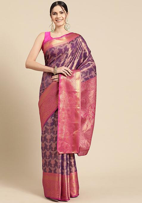 Purple Floral Banarasi Silk Saree With Blouse