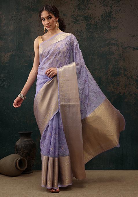 Lavender Kota Doria Zari Embroidered Saree With Blouse