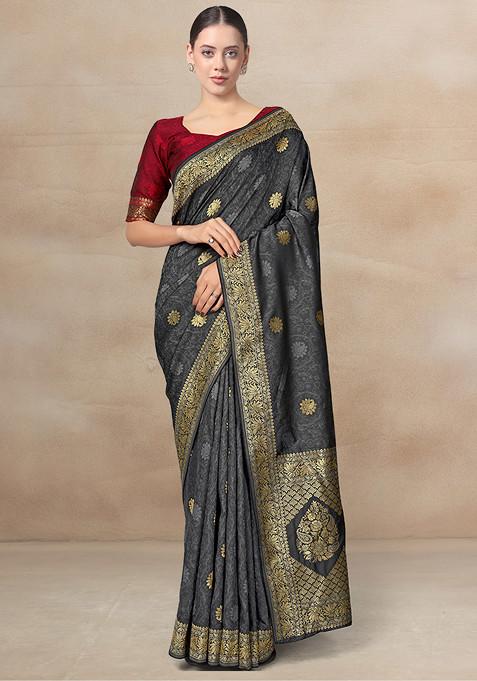 Gray Zari Work Banarasi Woven Silk Saree With Blouse