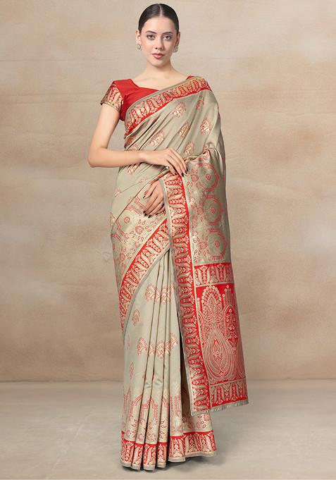 Gray Zari Embroidered Banarasi Silk Saree With Blouse