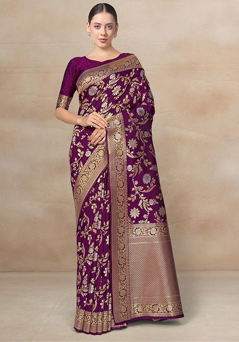 Purple Zari Work Banarasi Woven Silk Saree With Blouse