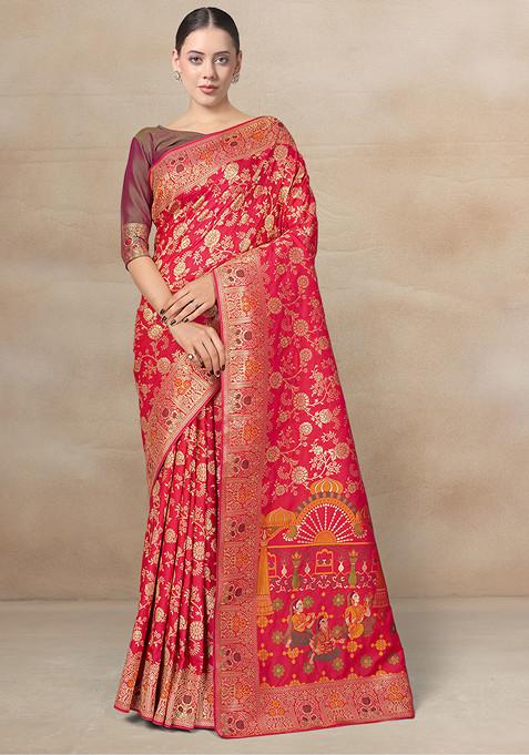 Rani Pink Zari Work Banarasi Woven Silk Saree With Blouse