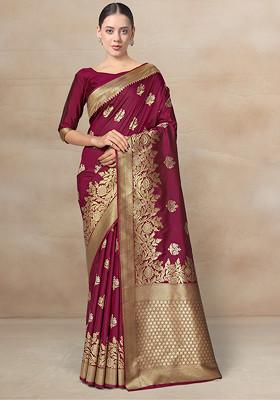 Wine Zari Woven Banarasi Woven Silk Saree With Blouse