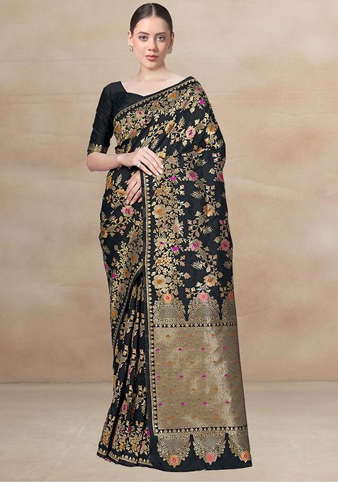 Black Zari Woven Banarasi Silk Saree With Blouse