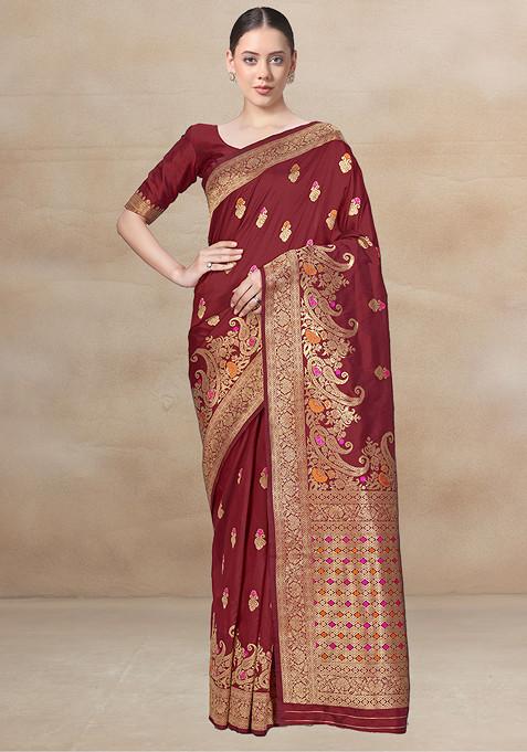 Maroon Zari Work Banarasi Woven Silk Blended Saree With Blouse