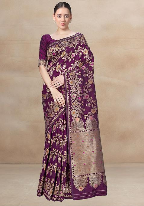 Wine Zari Embroidered Banarasi Woven Silk Saree With Blouse