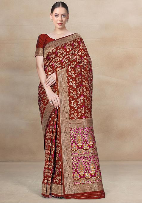 Maroon Zari Work Banarasi Woven Silk Saree With Blouse