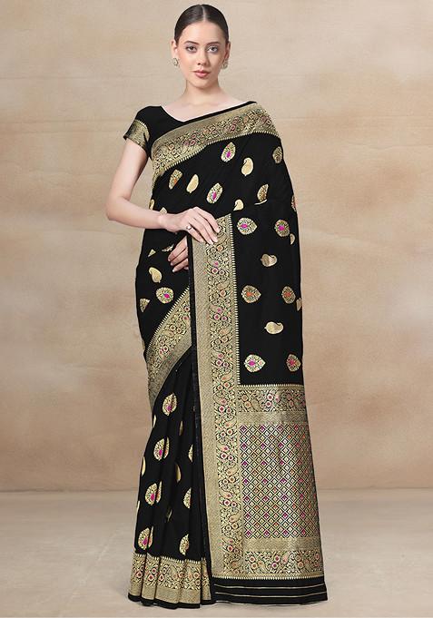 Black Zari Embroidered Banarasi Woven Silk Saree With Blouse