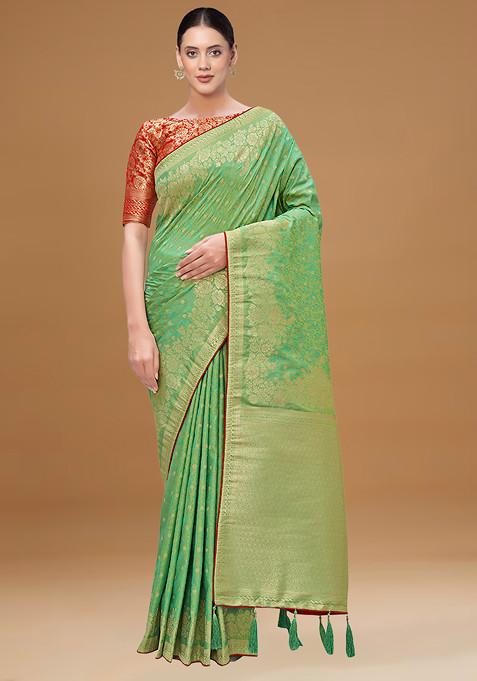 Light Green Zari Work Banarasi Silk Blended Saree With Blouse