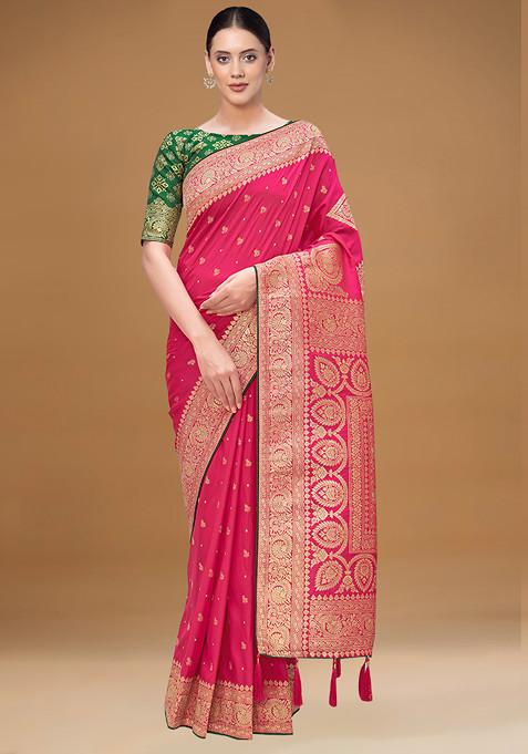Pink Zari Embroidered Work Banarasi Silk Saree With Blouse