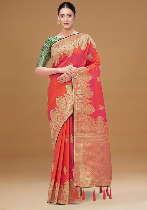 Orange Embroidered Banarasi Silk Saree With Blouse