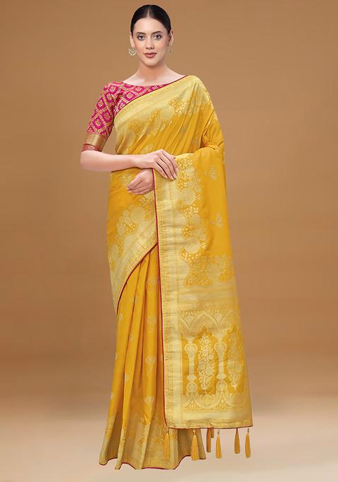 Yellow Zari Embroidered Banarasi Woven Silk Saree With Blouse