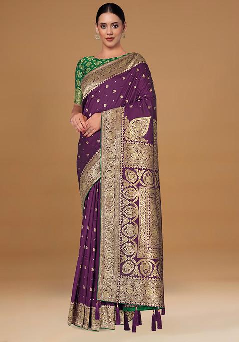 Purple Zari Embroidered Banarasi Silk Saree With Blouse