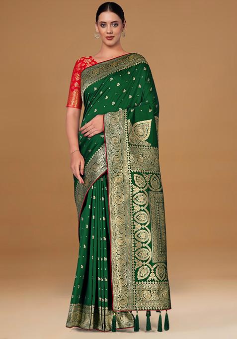 Dark Green Embroidered Banarasi Silk Saree With Blouse