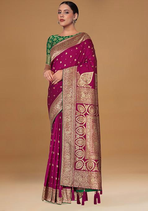 Magenta Zari Embroidered Banarasi Silk Saree With Blouse