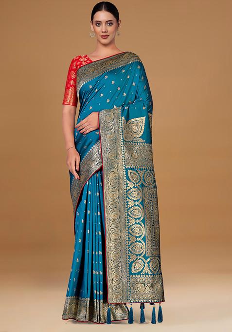Turquoise Embroidered Banarasi Silk Saree With Blouse