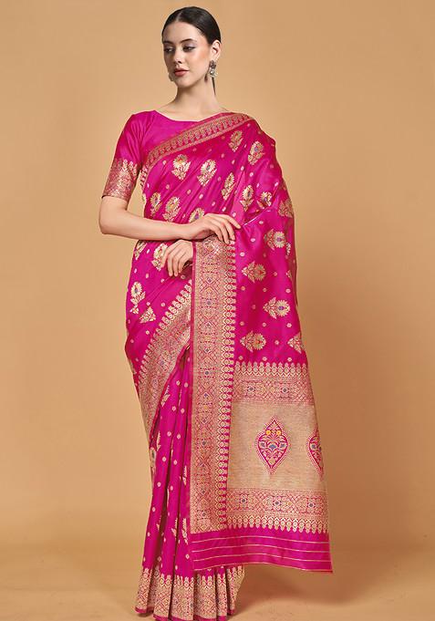 Magenta Woven Banarasi Silk Saree With Blouse