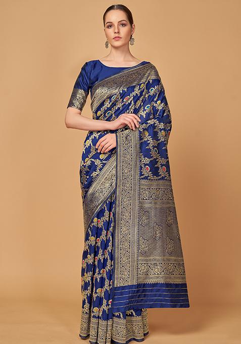 Navy Blue Woven Banarasi Silk Blend Saree With Blouse