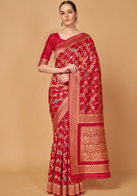 Red Woven Banarasi Silk Blend Saree With Blouse