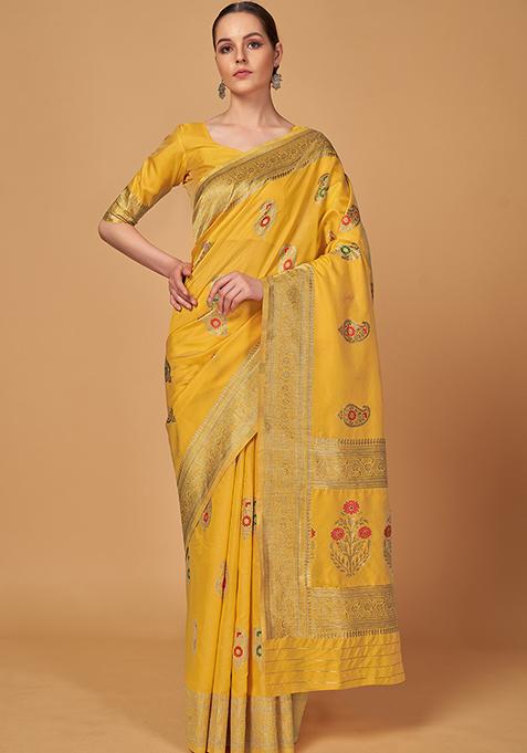 Yellow Woven Banarasi Silk Blend Saree With Blouse