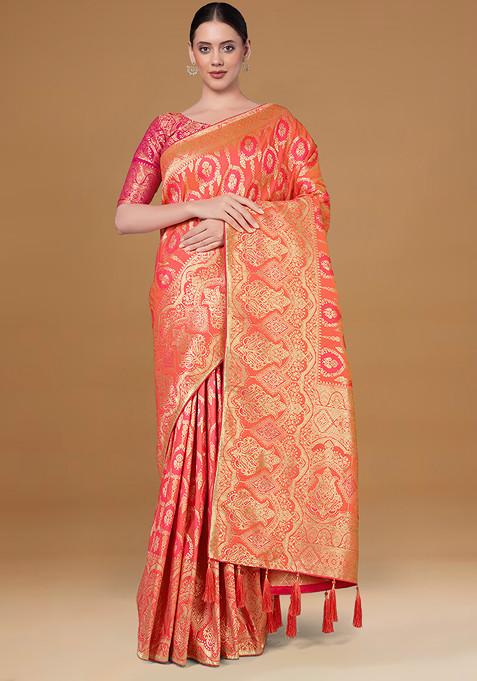 Peach Woven Banarasi Silk Blend Saree With Blouse