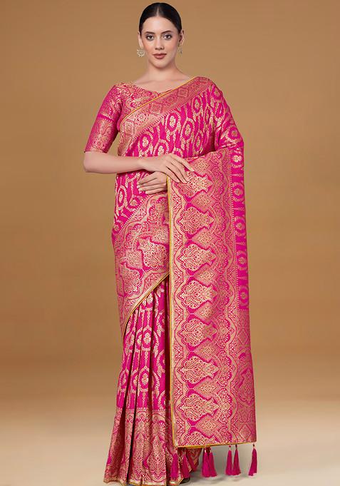 Magenta Woven Banarasi Silk Blend Saree With Blouse