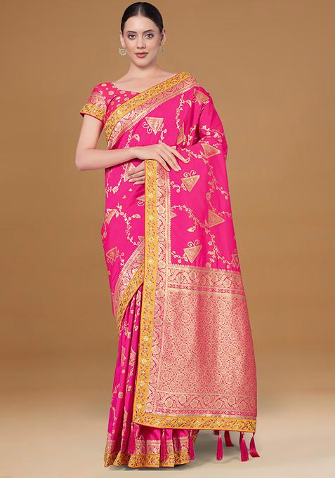 Rani Pink Zari Woven Banarasi Silk Saree With Blouse
