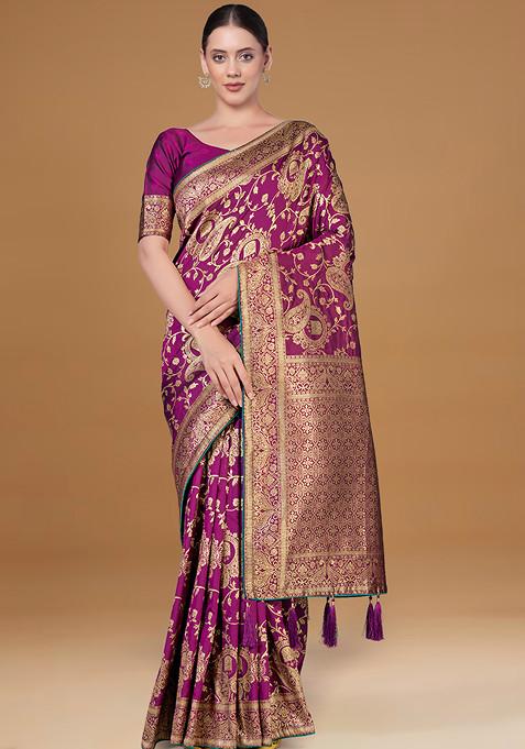 Purple Zari Woven Banarasi Silk Blended Saree With Blouse